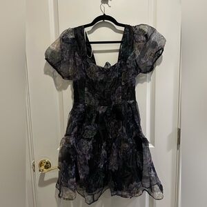 Lulu's Sheer Iridescent Floral Black Navy Dress